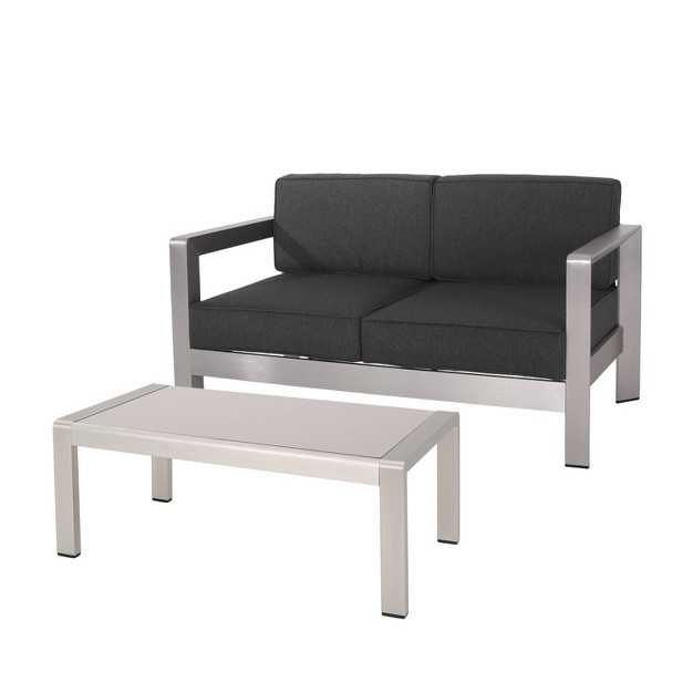 Aviara 2pc Aluminum Patio Loveseat amp Coffee Table Set Gray Christopher Knight Home