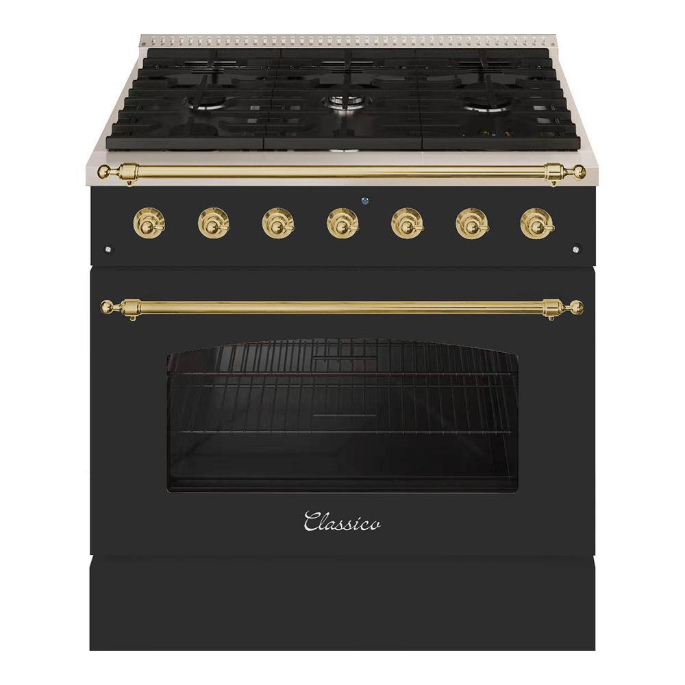 Hallman CLASSICO 36 in. 5.2 Cu. ft. 6 Burner Freestanding All Gas Range w-LP Gas Stove and Gas Oven Matte Graphite Brass Trim HCLRG36BSMG-LP