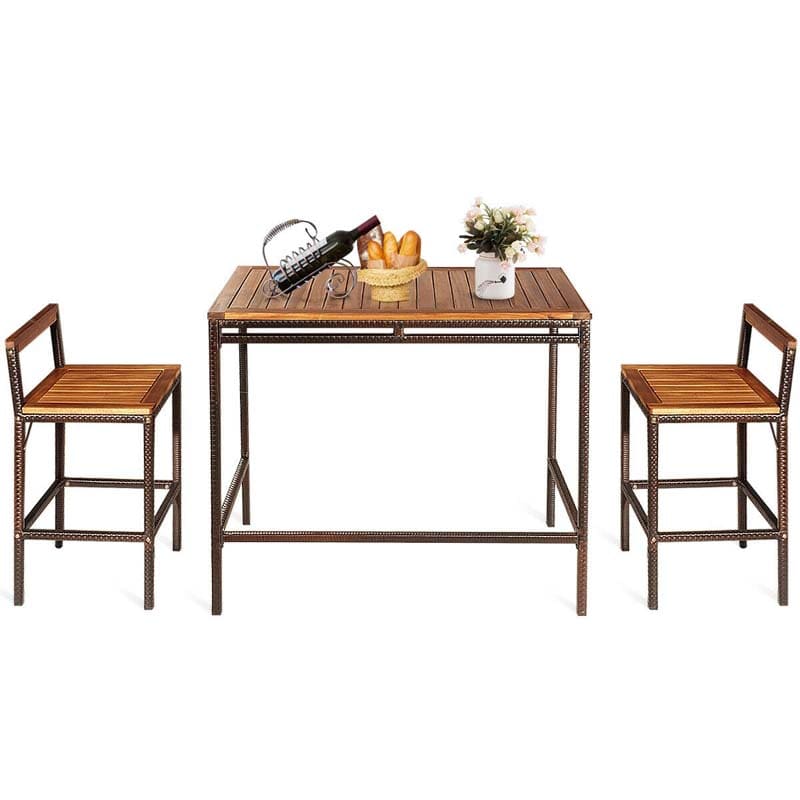 3 Pcs Rattan Wicker Patio Bar Set Dining Table Set Counter Height Bistro Set with Acacia Wood Tabletop & 2 Bar Stools