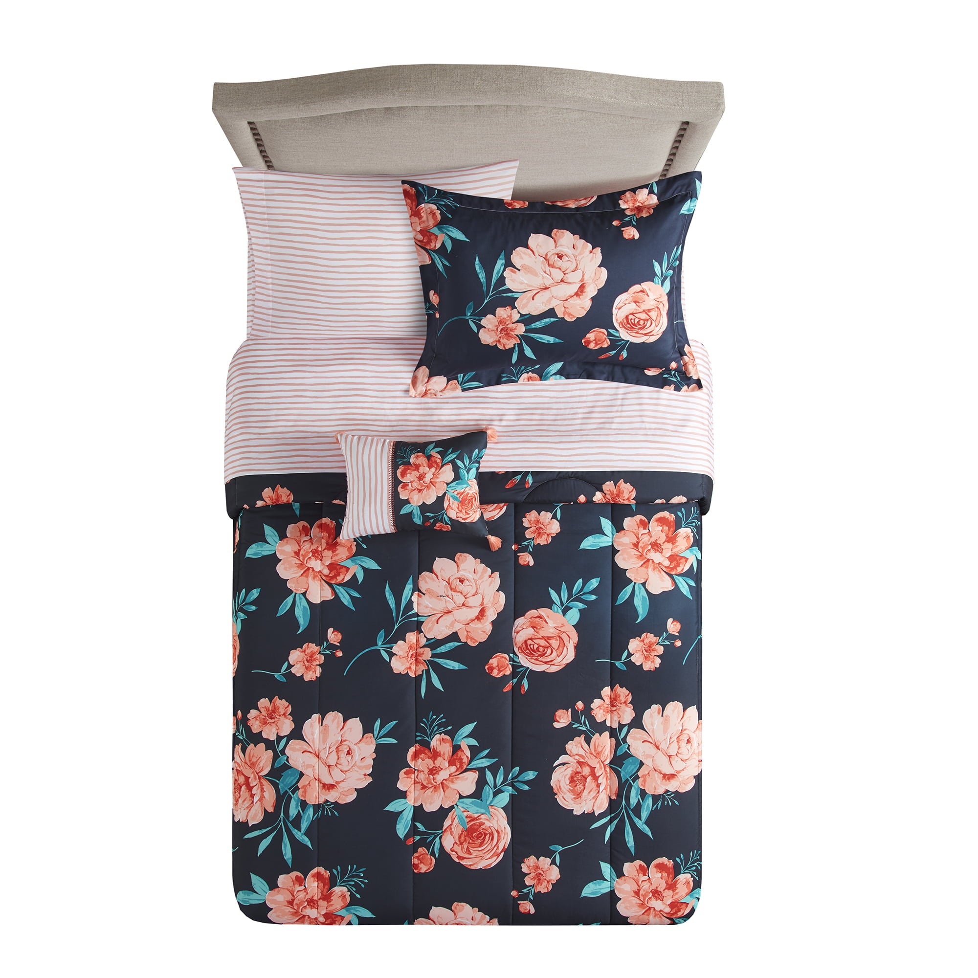 Mainstays Peach Floral 6 Piece Bed in a Bag Comforter Set with Sheets， Twin/Twin XL