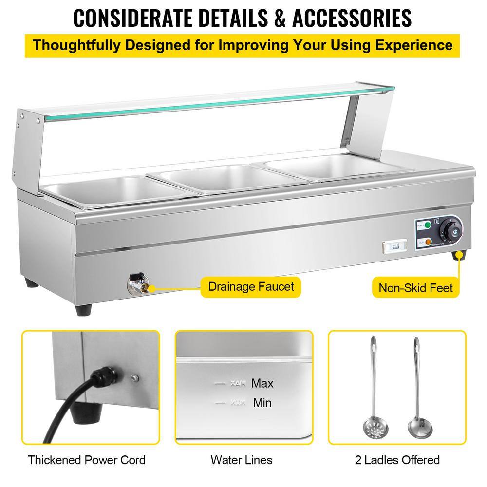 VEVOR 3 Pan x 12 GN Stainelss Steel Commercial Food Steam Table 6 in. Deep 1500-Watt Electric Countertop Food Warmer 33 Qt. BLZBWTC3PB2300001V1