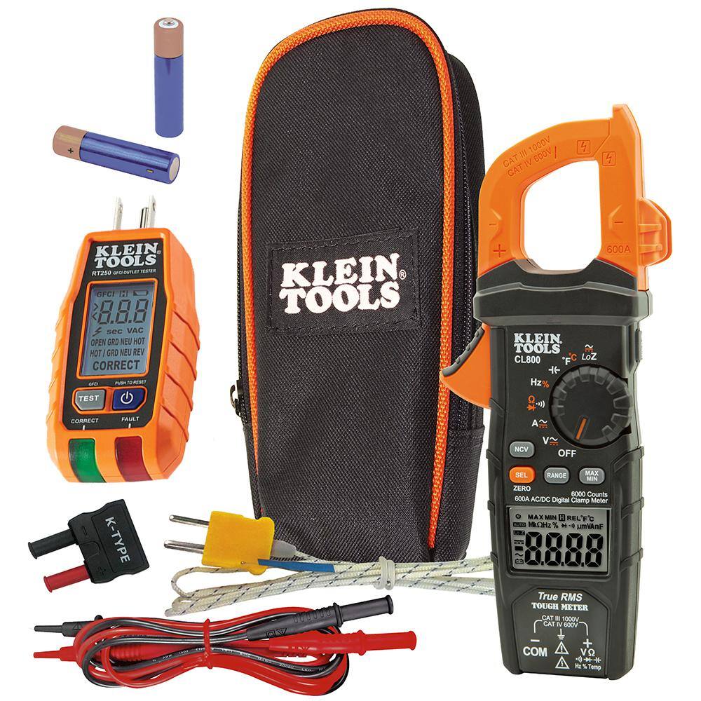 Klein Tools Digital Clamp Meter 600 Amp ACDC True RMS Auto-Ranging with GFCI Receptable Tester Tool Set M2O41529KIT