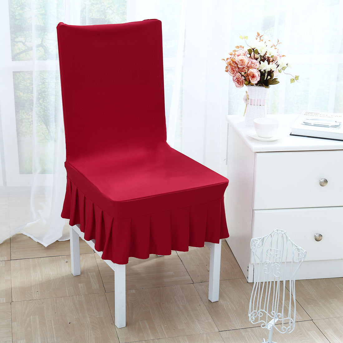 PiccoCasa 2Pcs Stretch Spandex Dining Chair Slipcovers, Ruffled Skirt Chair Protectors Burgundy