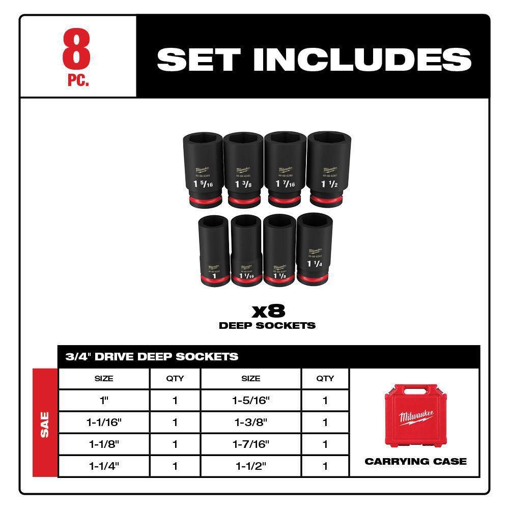 MW SHOCKWAVE 34 in. Drive SAE Deep Well Impact 6 Point Impact Socket Set (8-Piece) 49-66-7018