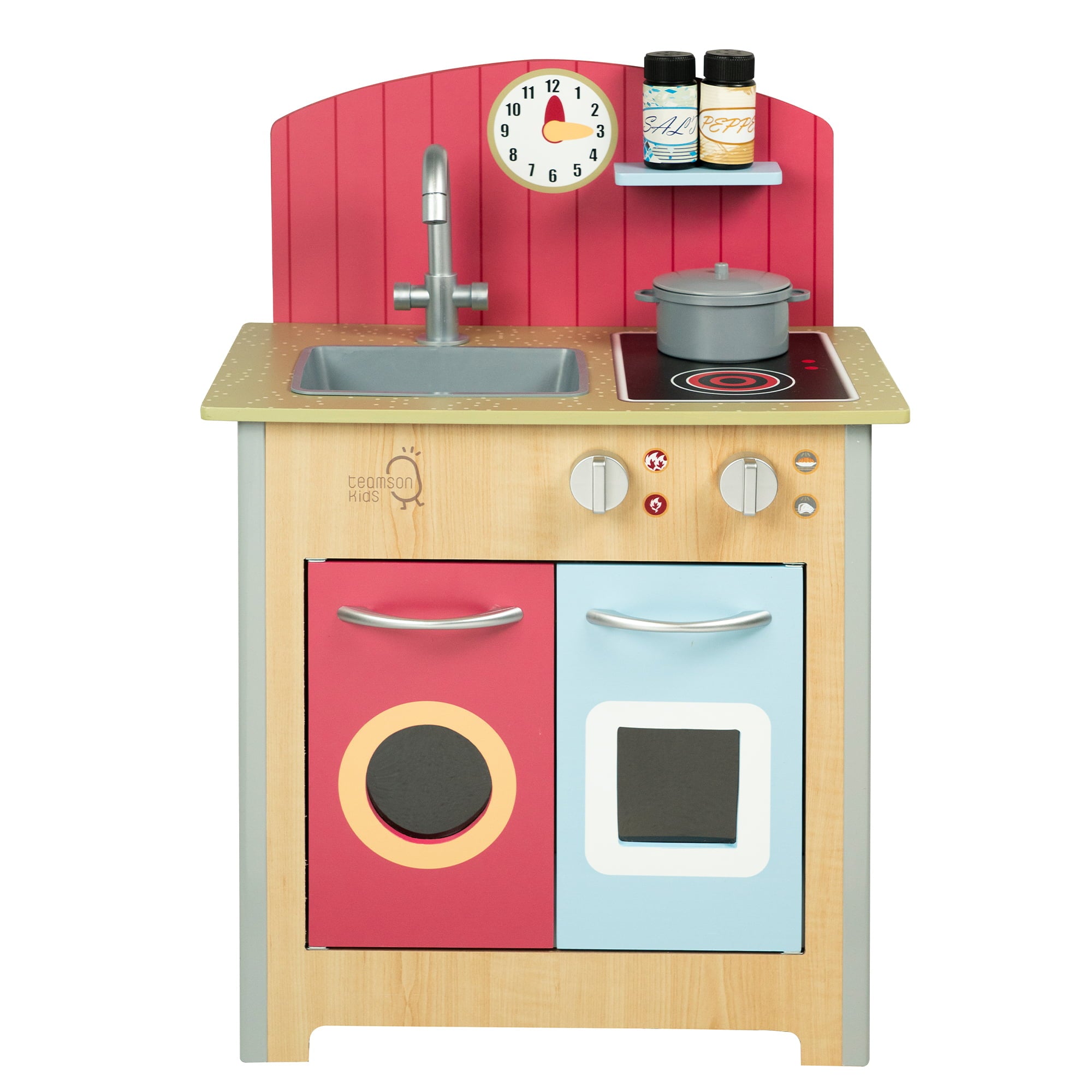 Teamson Kids Little Chef Porto Classic Wooden Kitchen Playset, Natural/Red