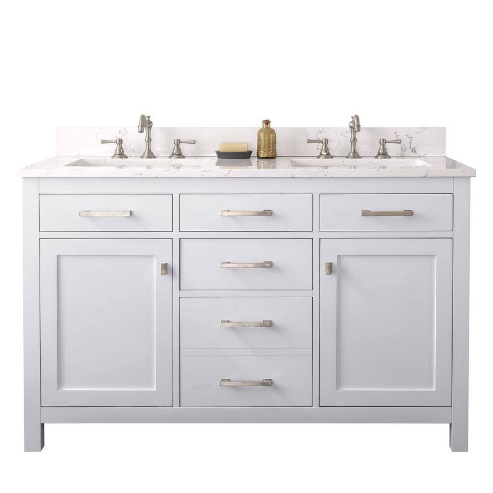 SUDIO Jasper 54 in. W x 22 in. D Bath Vanity in White with Engineered Stone Vanity Top in Carrara White with White Basins Jasper-54W-D