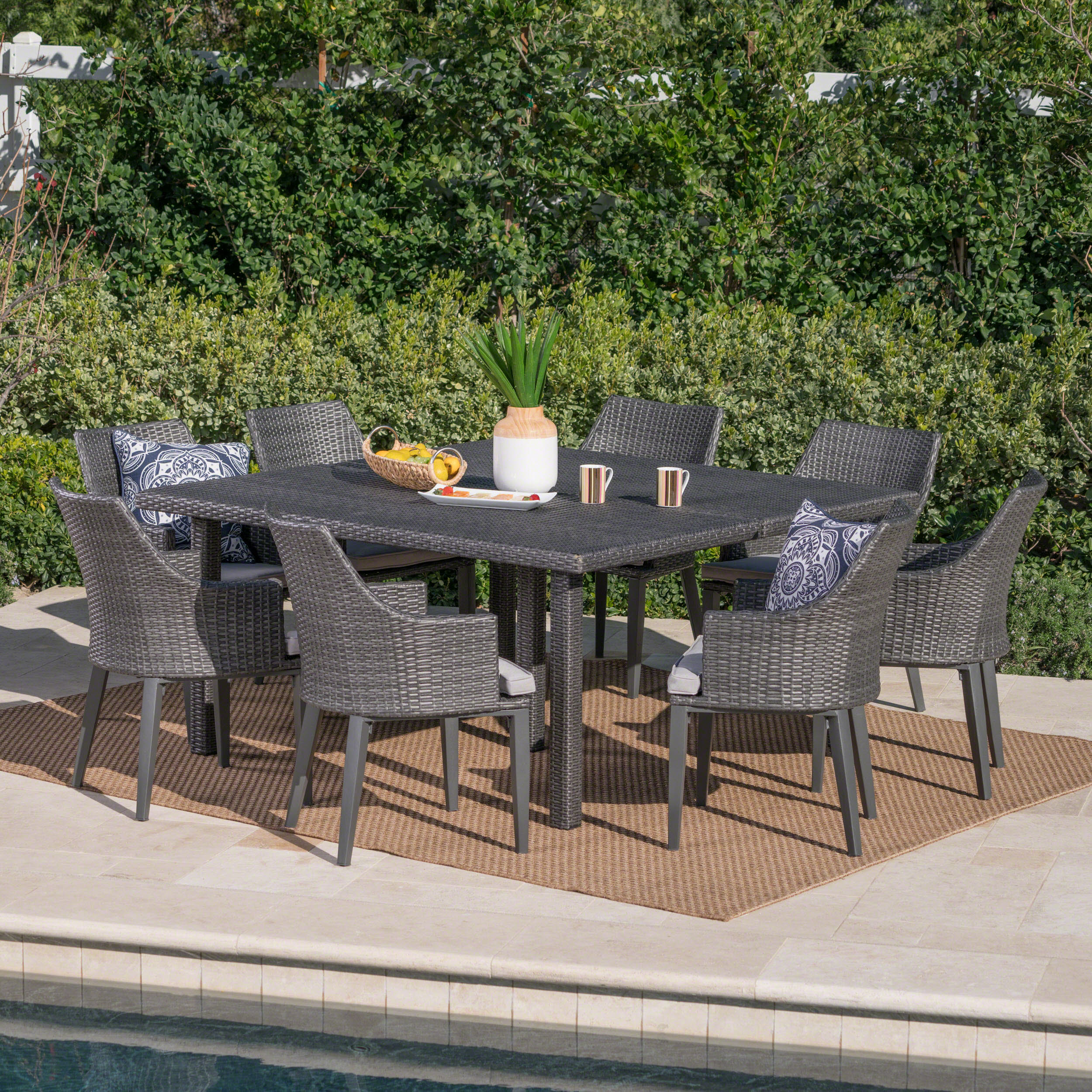 Bheleso Outdoor 9 Piece Wicker Dining Set with Light Water Resistant Cushions