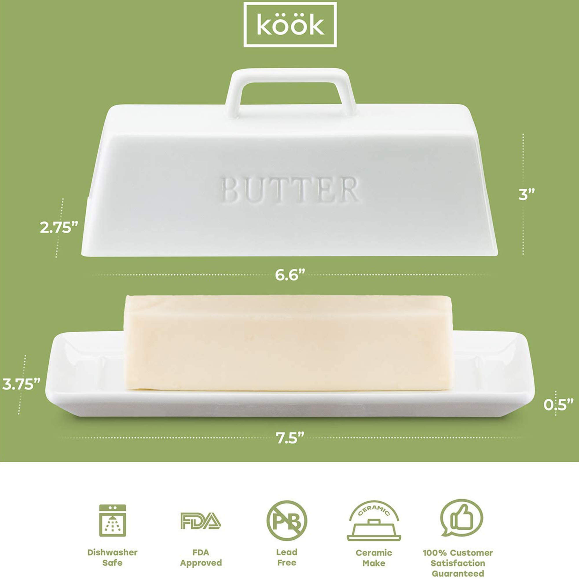 Kook 7.5” White Butter Dish with Lid Butter Storage Container Ceramic Tray