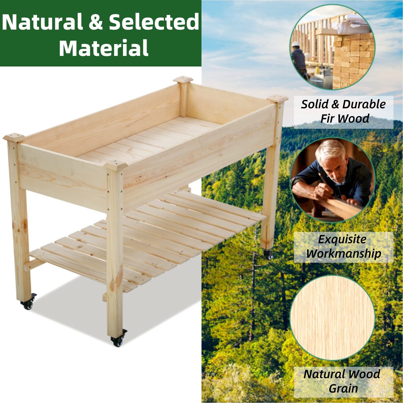 Raised Garden Bed, 48x23x32in Elevated Wooden Planter Boxes Kit with Wheels& Storage Shelf, Outdoor Raised Garden Boxes for Vegetable Plants Indoor/Outdoor Use, Natural