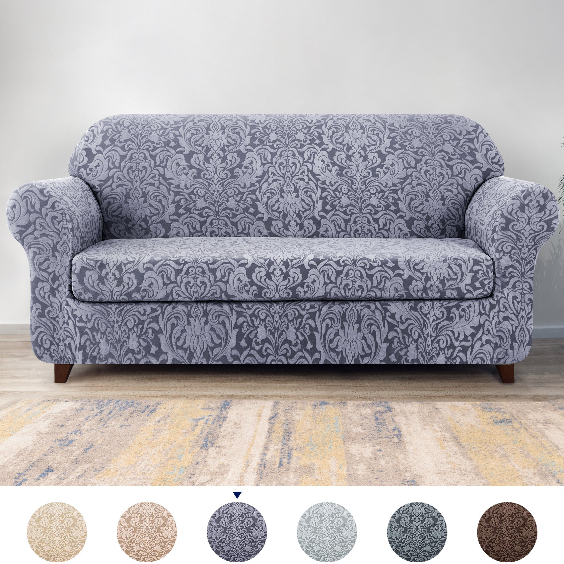 Subrtex 2-piece Jacquard Damask Stretch Sofa Cover Loveseat Slipcover, Grayish Blue