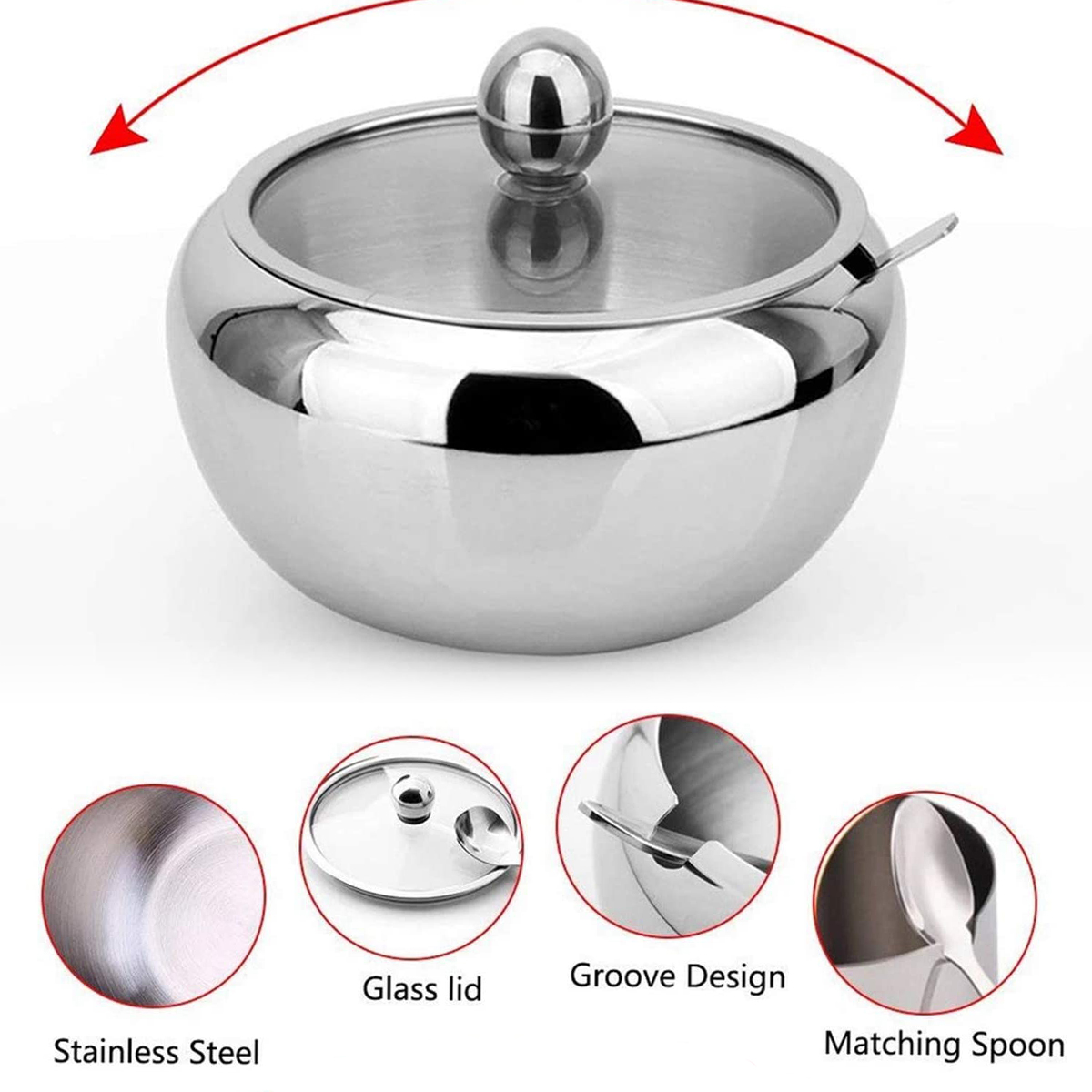 Spice Tools Stainless Steel Sugar Bowl With Clear Glass Lid - For Better Recognition And Spoon For Home And Kitchen Drum Shade 16.9oz-1PACK