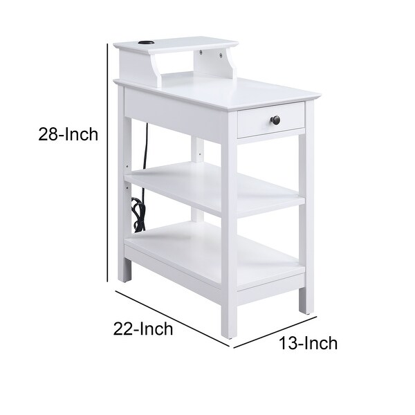 Wooden Frame Side Table with 3 Open Compartments and 1 Drawer， White - 28 H x 22 W x 13 L