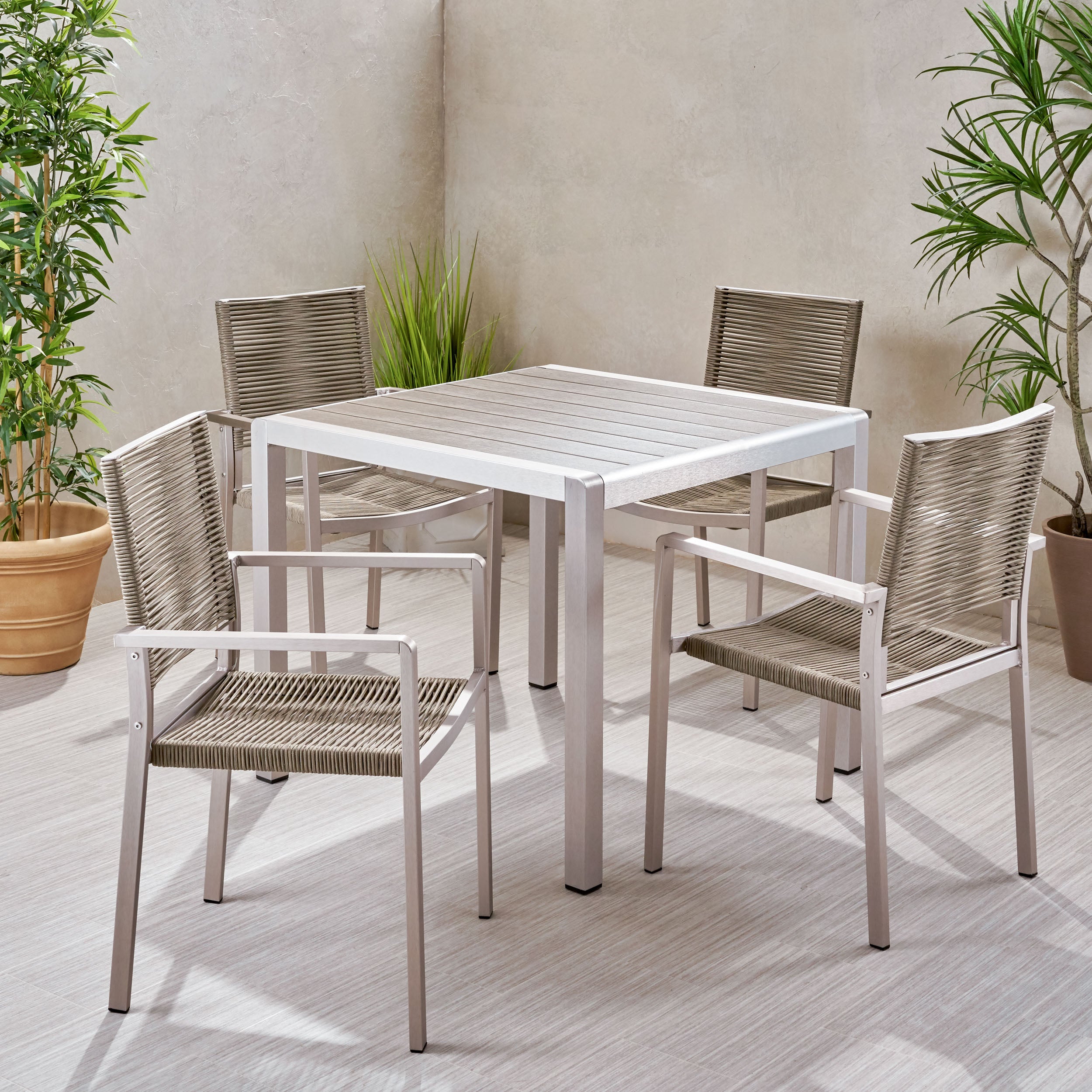 Danitza Outdoor Modern 4 Seater Aluminum Dining Set with Faux Wood Table Top