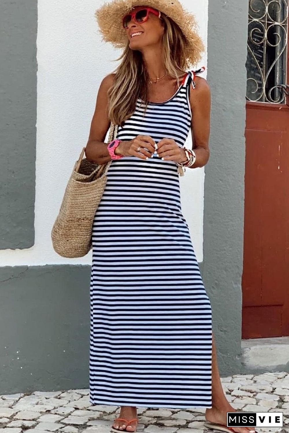 Blue Striped Print Lace-up Straps Sleeveless Maxi Dress with Slit