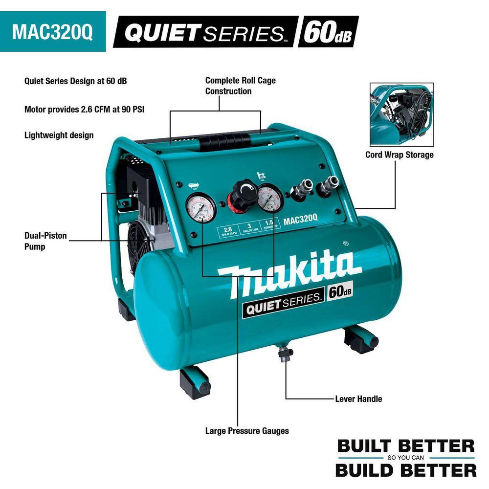 Makita 3 Gal. Quiet Series 1.5 HP Electric Oil-Free Air Compressor with Bonus Pneumatic 2 in. 18-Gauge Brad Nailer MAC320Q-AF506