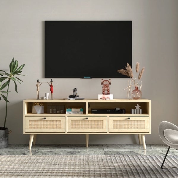 Rattan TV Stand with Solid Wood Feet， TV Console Table for Living Room， Natural