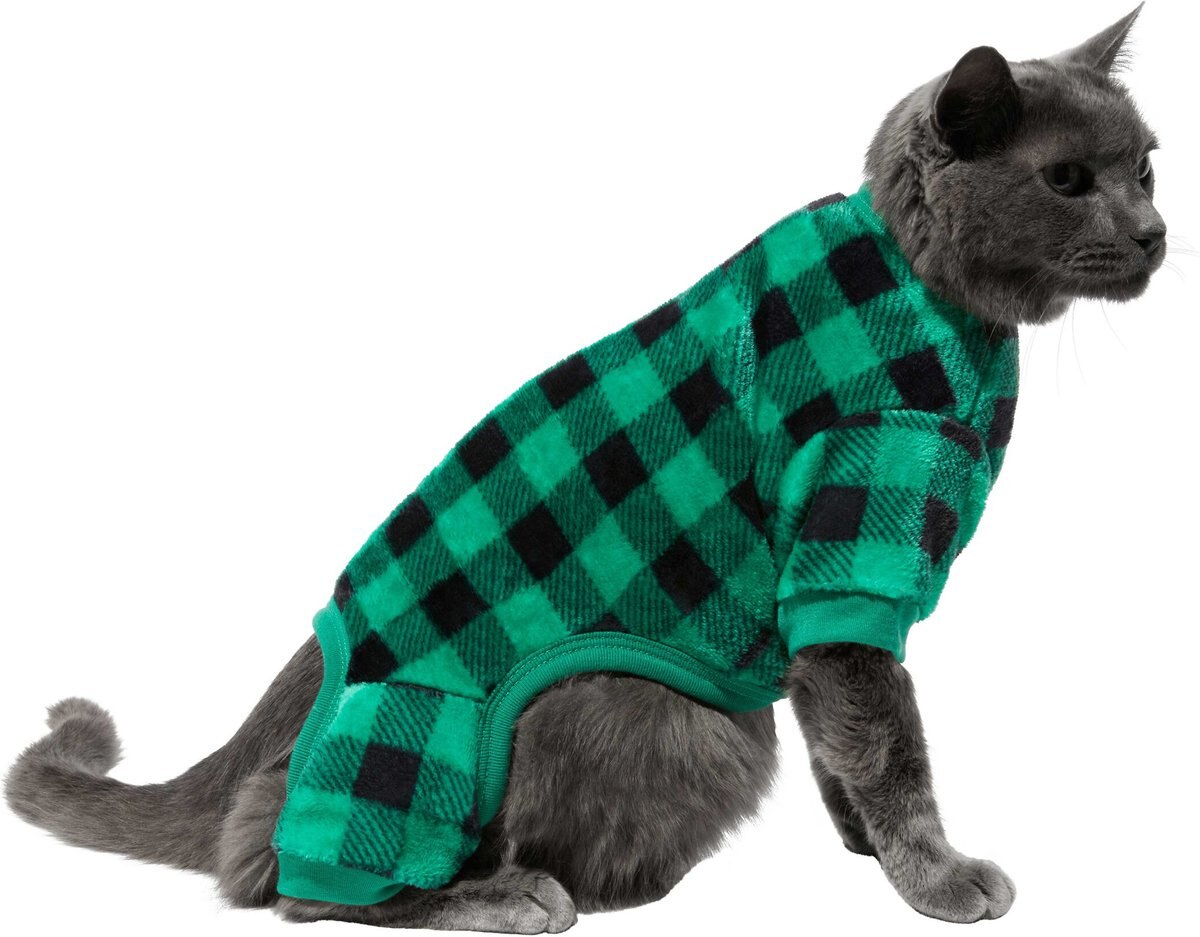 Frisco Dog and Cat Cozy Plush Fleece PJs， Green Plaid