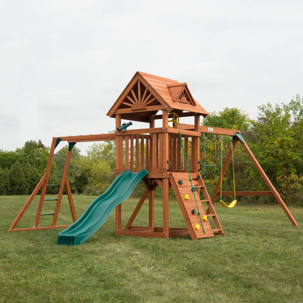 Swing-N-Slide Playsets Professionally Installed Sky Tower Plus Complete Wooden Outdoor Playset with Monkey Bars and Swing Set Accessories 6037