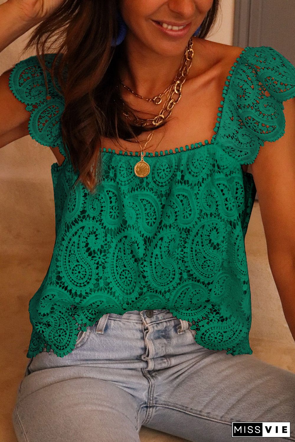 Lace Crochet Ruffled Square Neck Tank Top