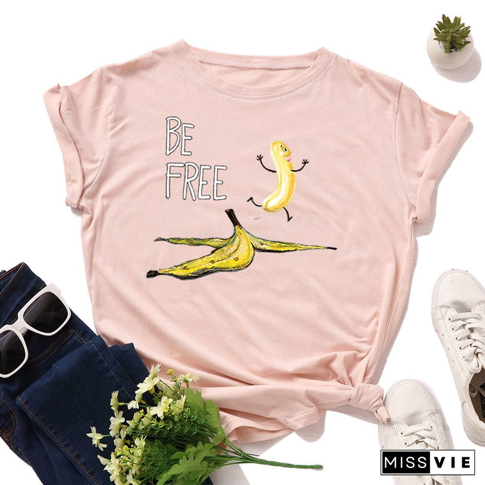 JCGO Summer Cotton Women T Shirt Fashion Short Sleeve Funny Free Banana Print Ladies Tee Shirt Tops Casual O-Neck Female T-shirt