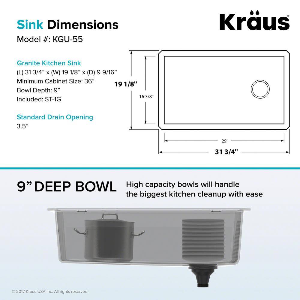 KRAUS Forteza Undermount Granite 32 in. Single Bowl Kitchen Sink in Black KGU-55BLACK