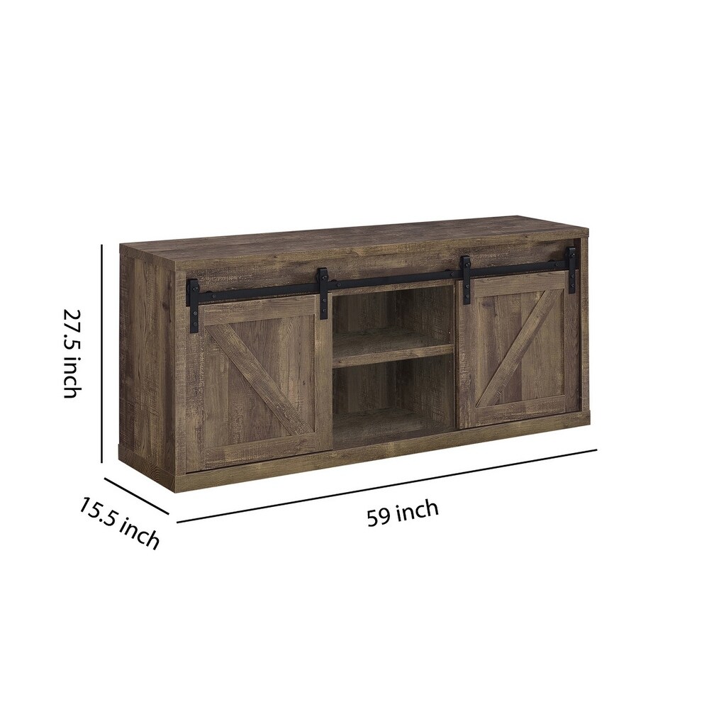 59 Inch Farmhouse Wooden TV Console With 2 Sliding Barn Doors  Rustic Brown