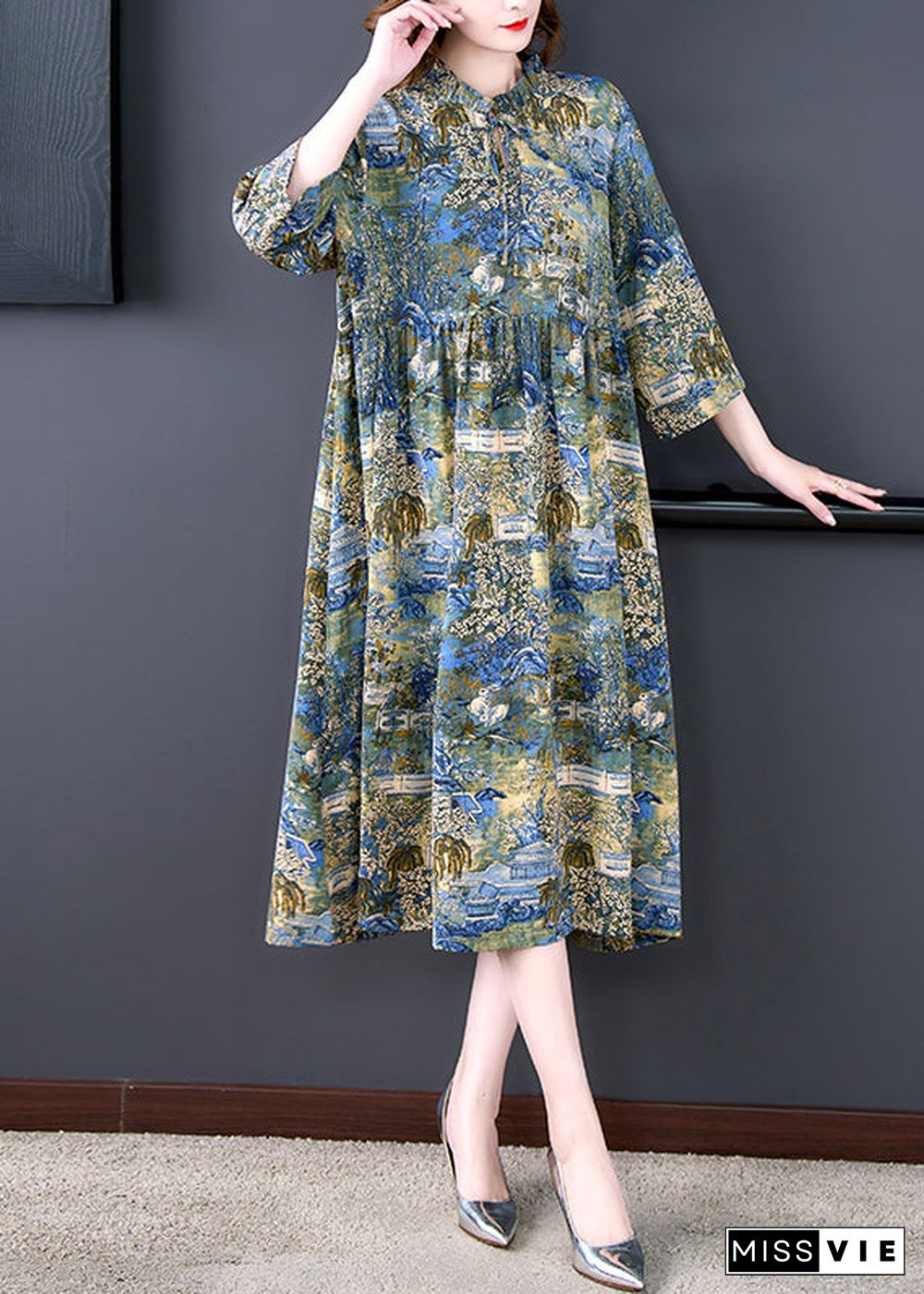 Boutique Stand Collar Wrinkled Print Chiffon Party Dress Summer