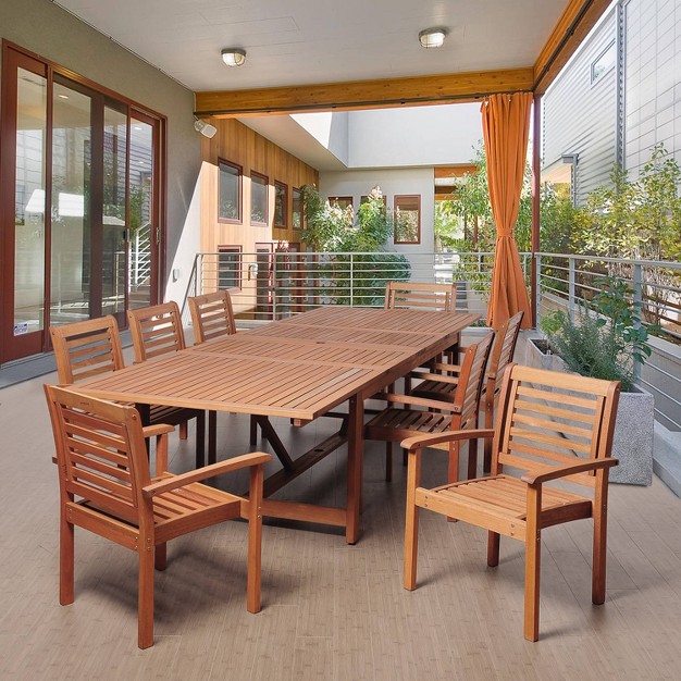 Brooks 9pc Patio Eucalyptus Wood Extendable Rectangular Dining Set International Home Miami