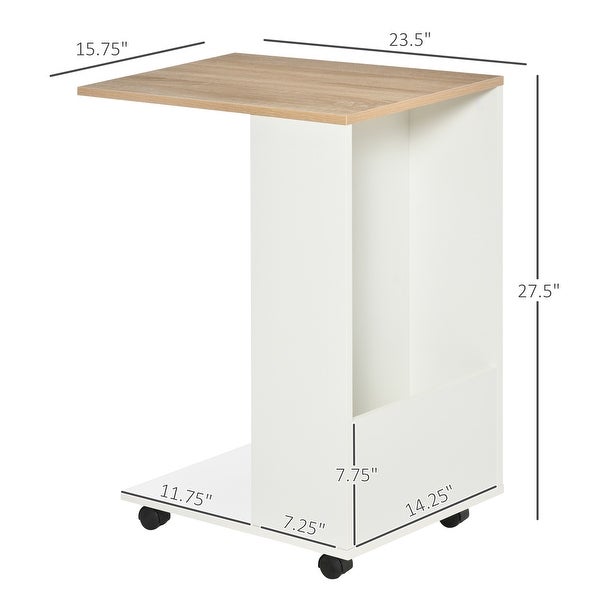 HOMCOM C-Shaped Sofa Side Table Mobile End Table with Storage and Wheels for Living Room， Bedroom， Office