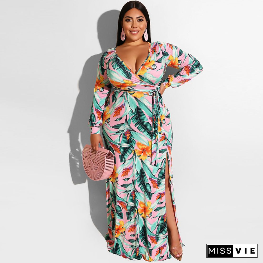 Sexy Deep V Printing Split Hem Plus Size Long Dress