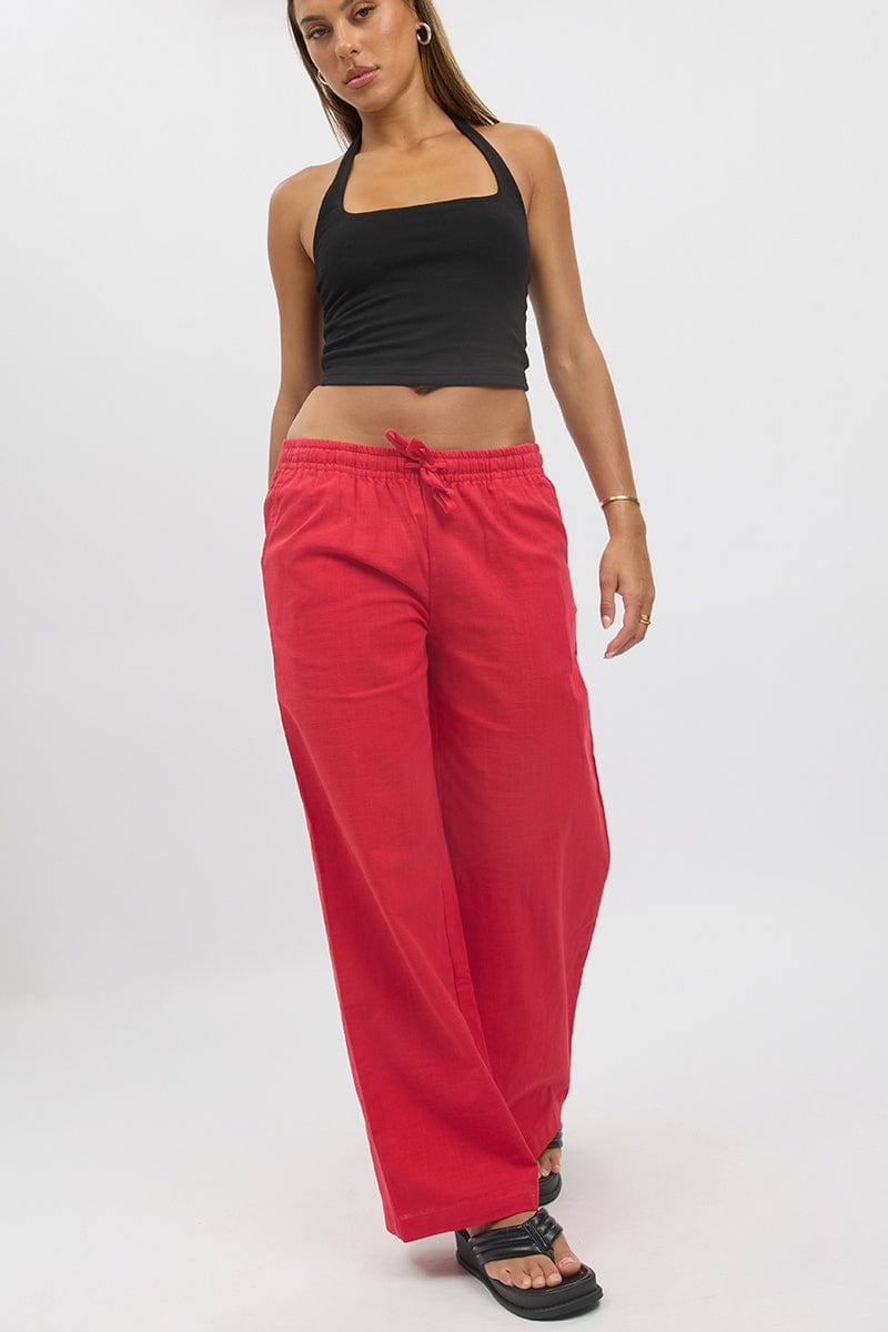 Red Wide Leg Pants Elasticated