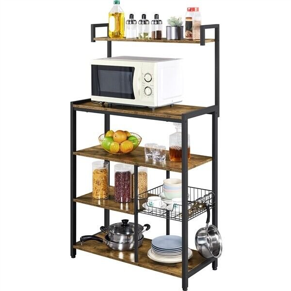 Kitchen Baker's Rack Microwave Stand with Storage Shelves and Metal Basket Hooks