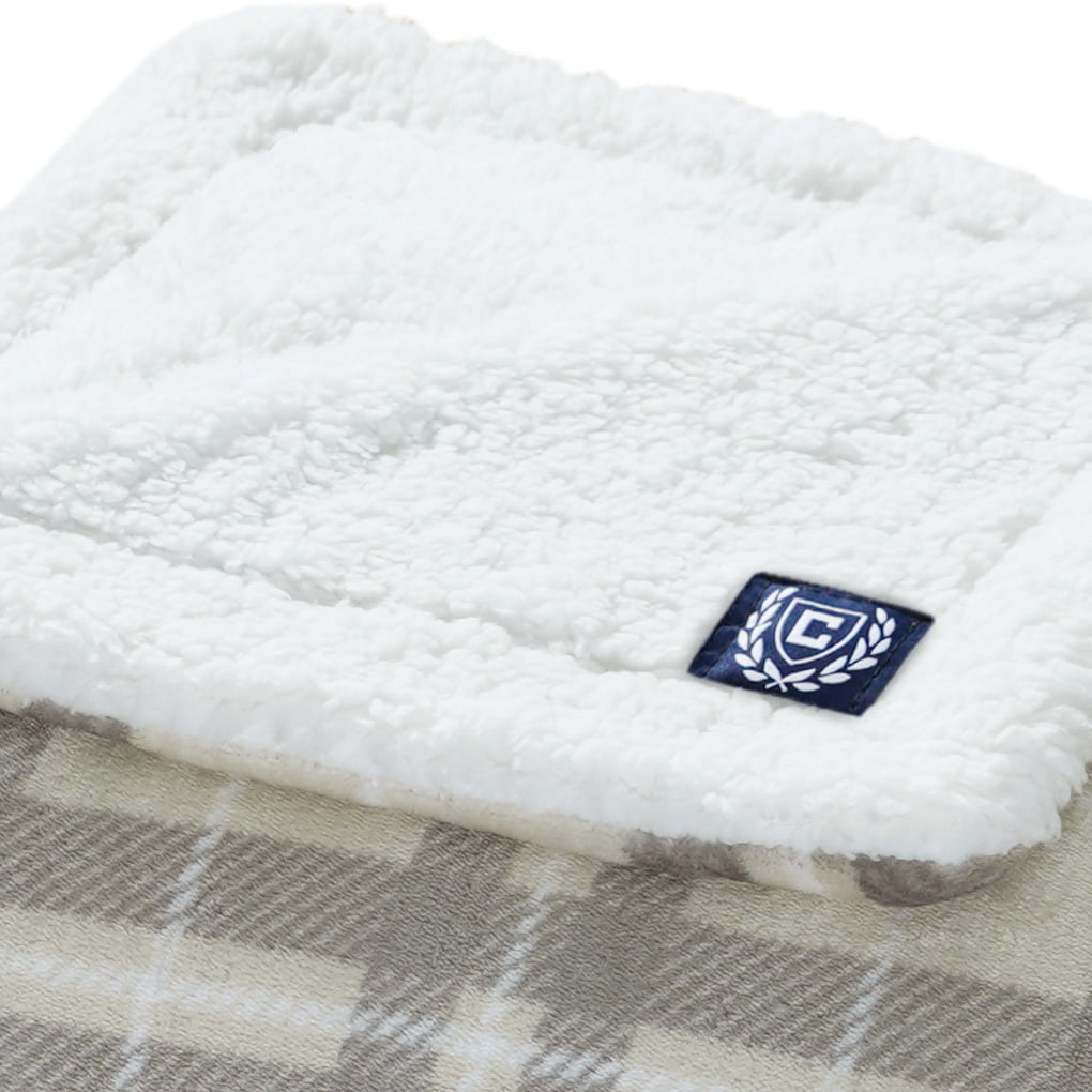 Chaps Sherpa Reverse Plaid Blanket - Twin 60 X 90， Neutral