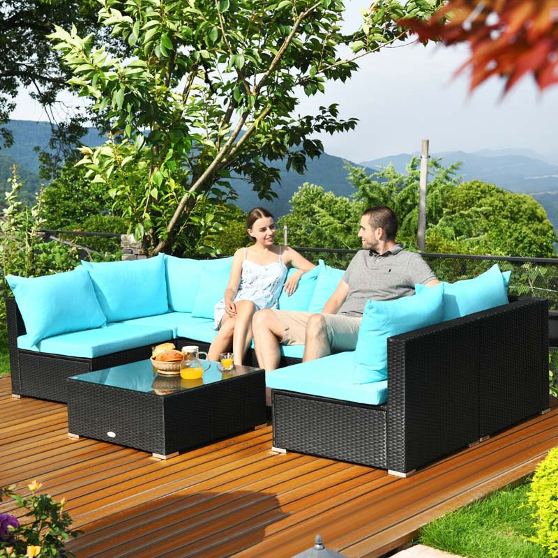 7 Pcs Rattan Patio Furniture Sectional Sofa Set Outdoor Wicker Conversation Set with Back & Seat Cushions Pillows