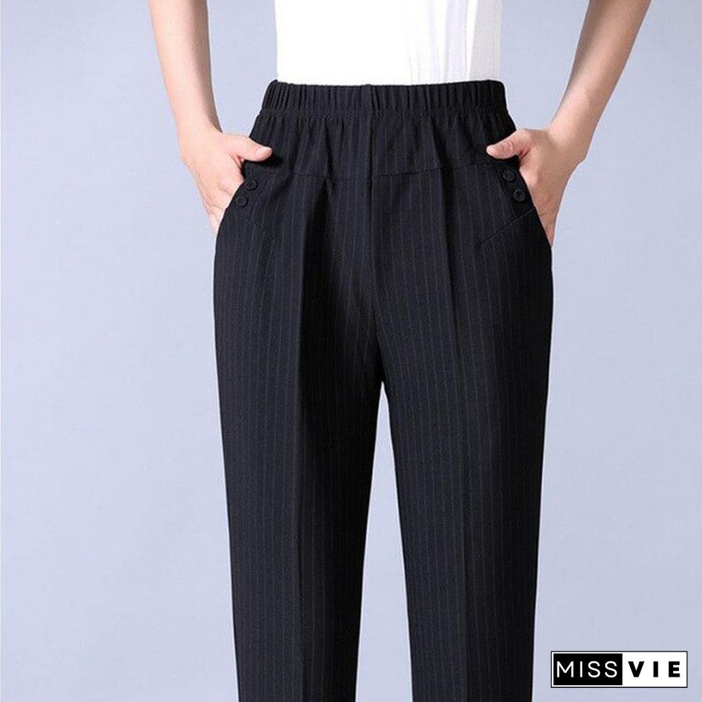 Plus size mother's straight trousers Casual elastic high waist harem pants women Classical pants with stripes loose breathable