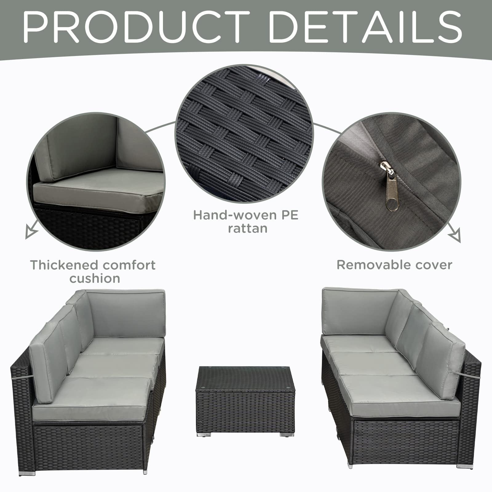 Royalcraft 7 Pieces Patio Conversation Sets， All-Weather PE Black Wicker Outdoor Rattan Sectional Sofa， Patio Sofa Couch with Table and Grey Cushions