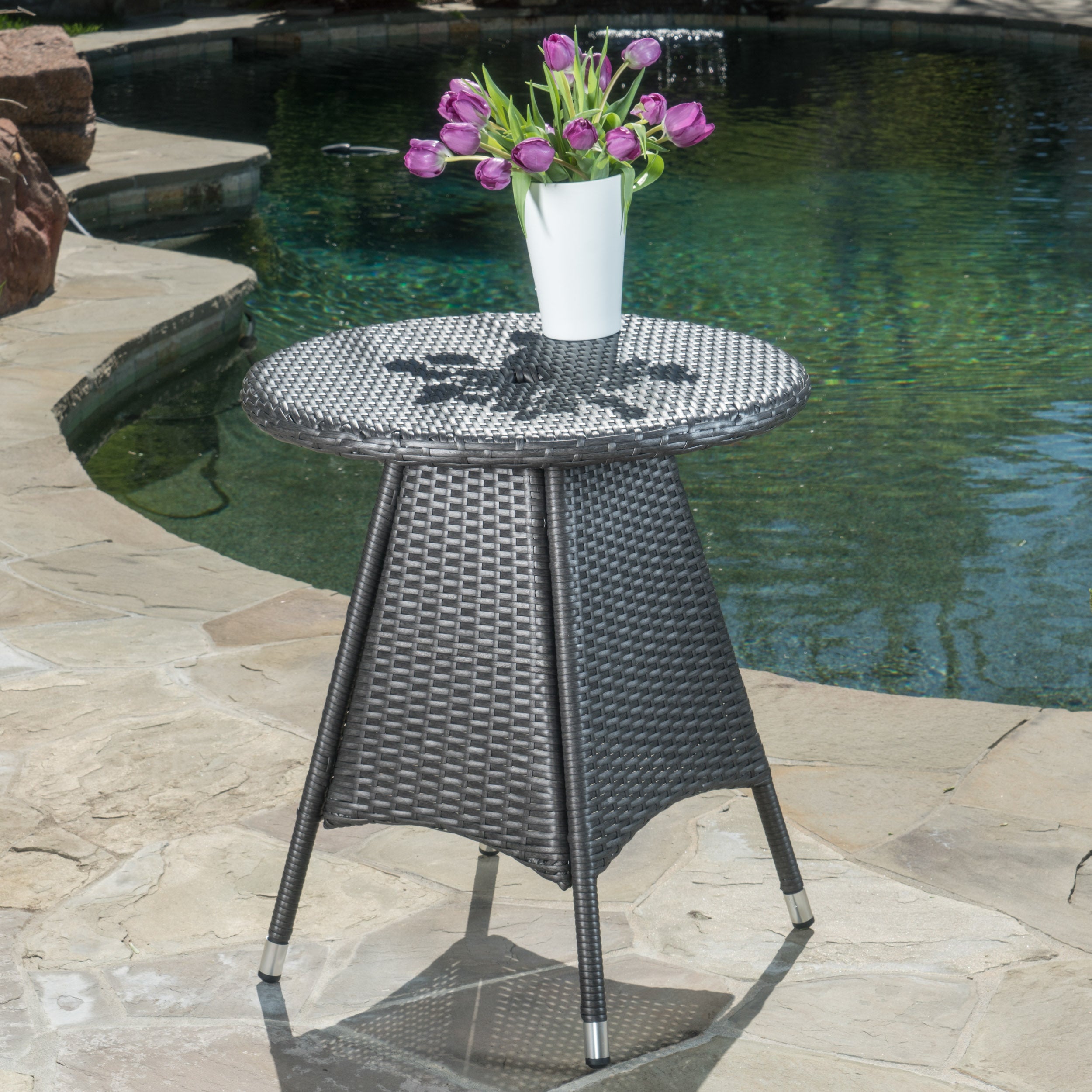 Bristle Outdoor Round Gray Wicker Bistro Table with Umbrella Hole