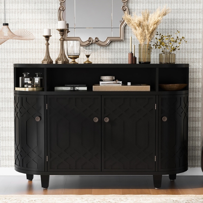 Curved Design Luxury Sideboard Storage Cabinet with 4 Doors and Adjustable Shelves  Buffet Cabinet with Storage for Entrances