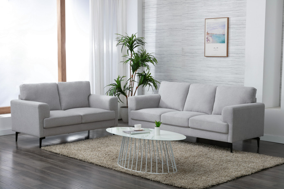 ACME Kyrene Linen Fabric Upholstery Sofa with Loose Back in Light Gray   Midcentury   Sofas   by Acme Furniture  Houzz