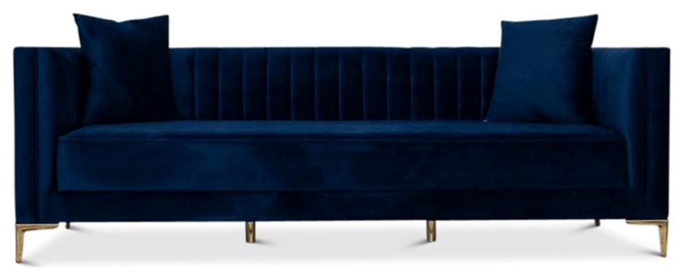 Pemberly Row Mid Century Velvet Tight Back Sofa in Dark Blue   Midcentury   Sofas   by Homesquare  Houzz