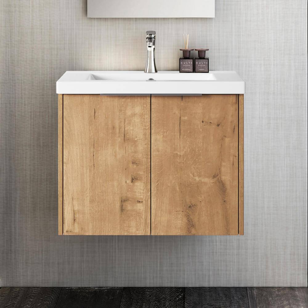 UPIKER Modern 24 in. W X 18 in. D x 20 in. H Bath Vanity in Imitative Oak with White Resin Vanity Top UP2208BCB24007