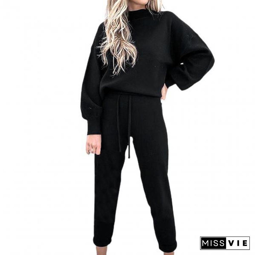 Women Outfit Trendy Elastic Waist Cold Resistant Warm Women Outfit For Office Pure Color Women Pullover Pants Set Sweatshirt Pants Set