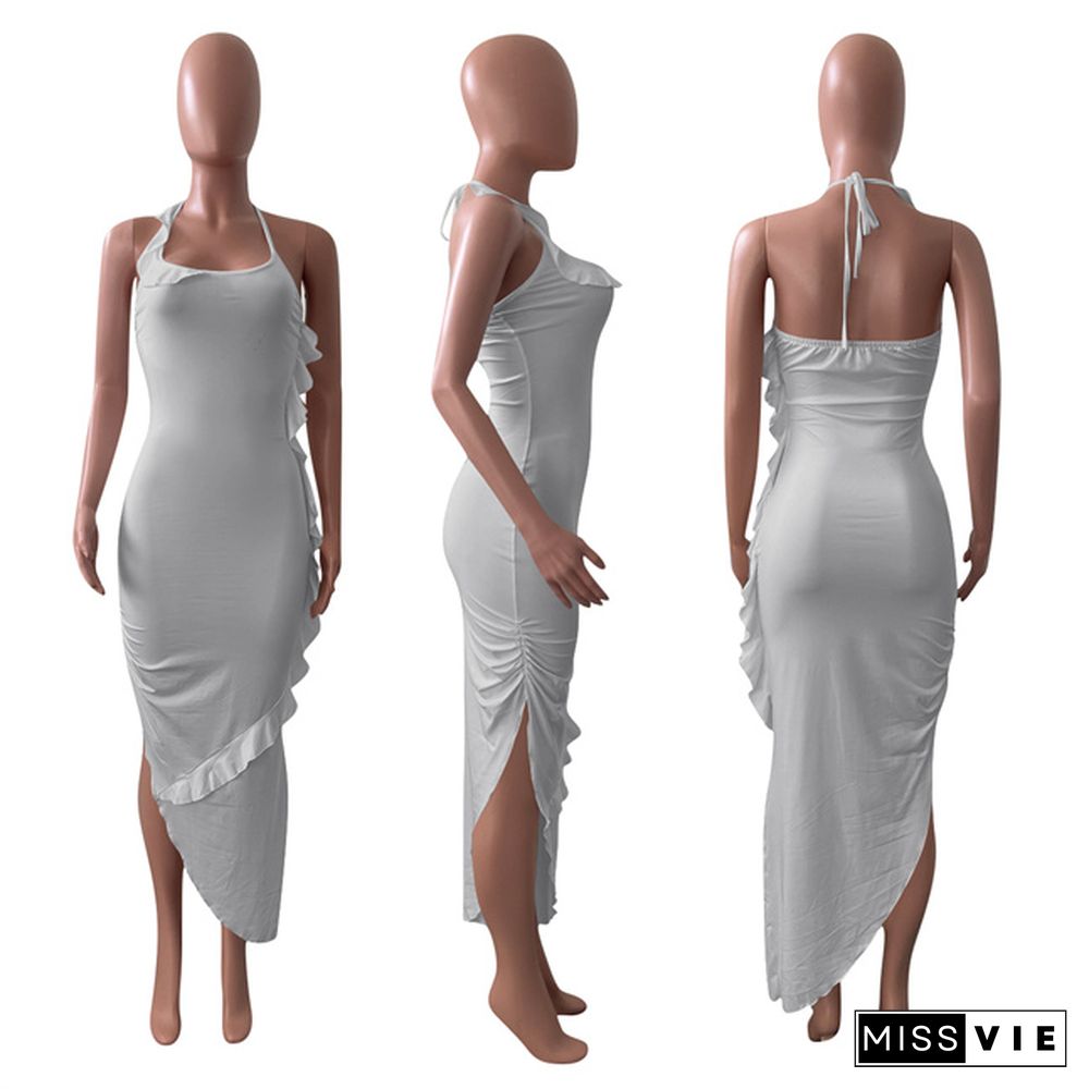 Elegant Solid Color Ruffles Women Summer Sexy Asymmetric Night Club Halter Bodycon Maxi Dress