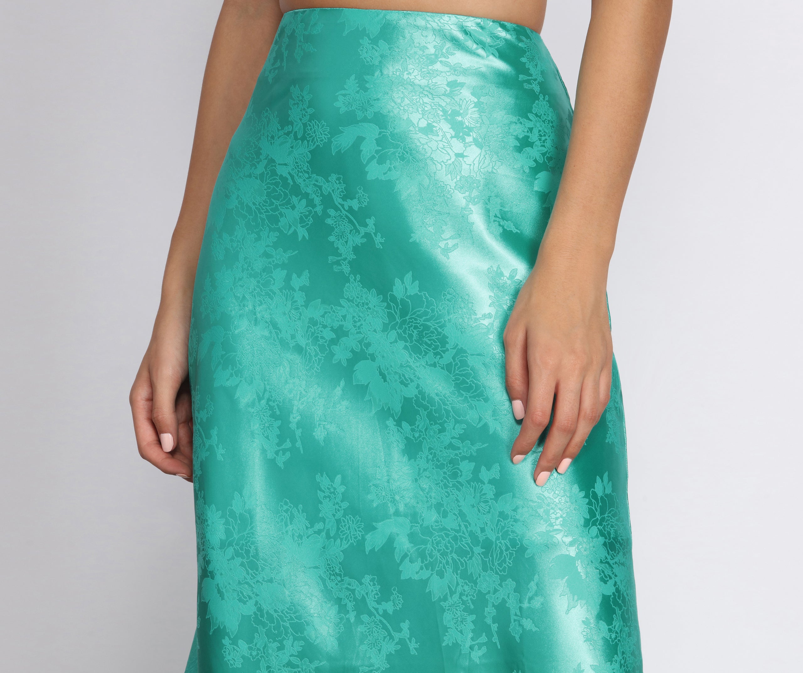 Embossed Floral Print Satin Midi Skirt