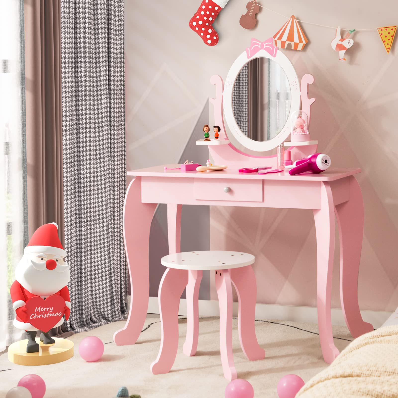 Costzon Kids Vanity Set with Mirror, 2 in 1 Princess Makeup Dressing Table