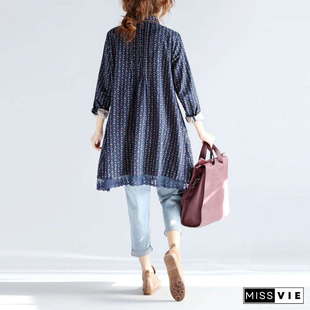 fashion navy print Midi cotton pullover oversize New long sleeve Cinched Turn-down Collar lace cotton blouses