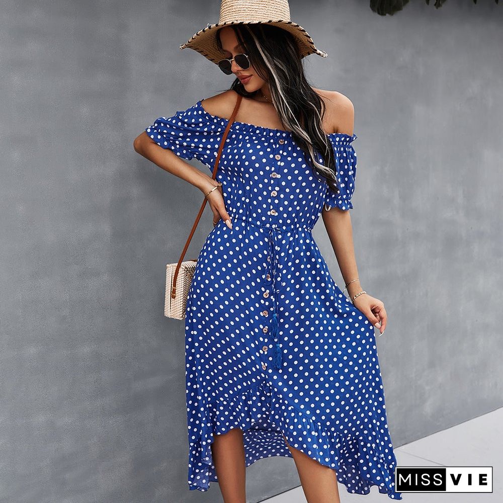 Self-designed Women's Dress with A Big Shoulder Dress and Polka-dot Skirt