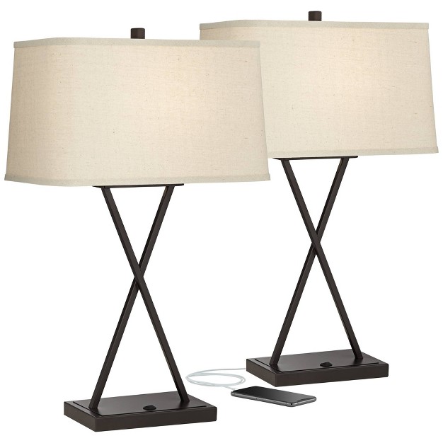 High Set Of 2 Bronze Metal With Usb Charging Port Led Rectangular Fabric Shade For Bedroom Desk