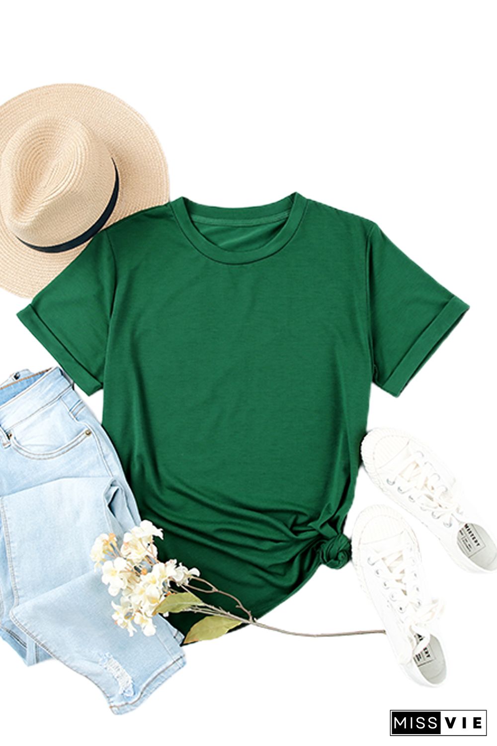 Green Solid Color Crew Neck Tee