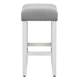 WESTIN OUTDOOR Jameson 24 in. Antique White Backless Wood Counter Stool with Gray Linen Seat (Set of 2) ID401-24-AW-GY-2